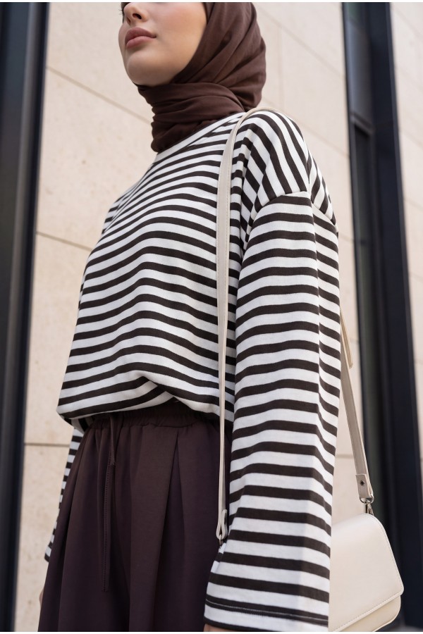 Oversized Crew-Neck Sweatshirt with Thick Stripes and Stretch Fabric -Dark Coffee