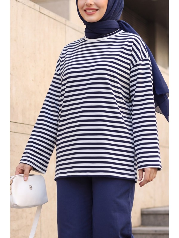 Bisiklet Yaka Kalın Çizgili Likralı Oversize Sweat -Koyu Lacivert
