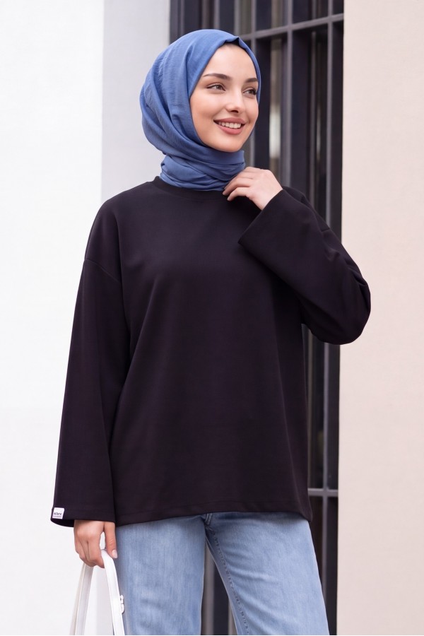 Oversized Stretch Crew-Neck Sweatshirt -Black