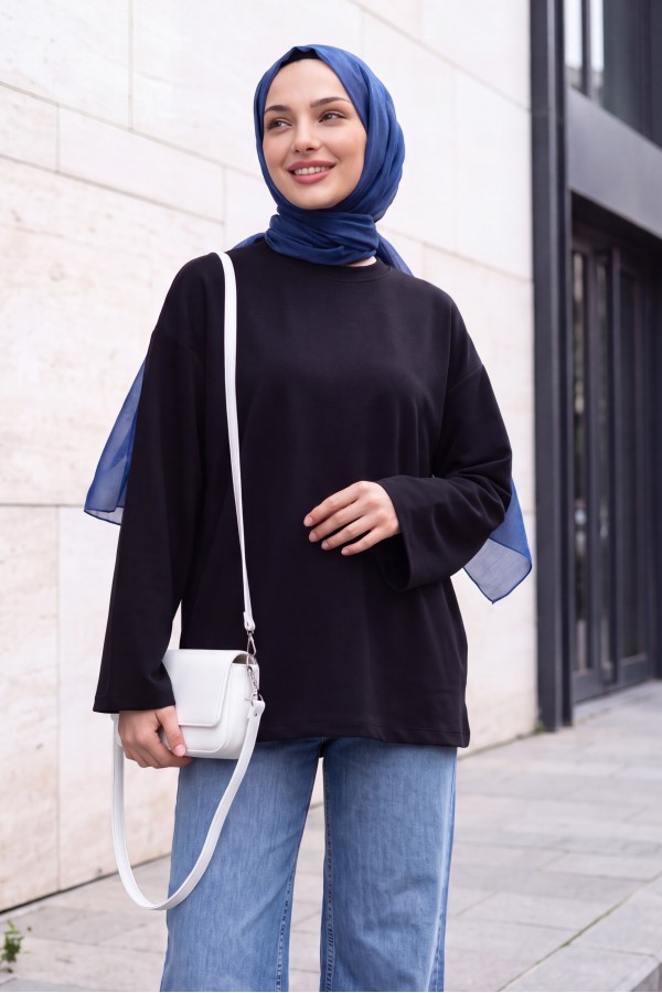 Oversized Stretch Crew-Neck Sweatshirt -Black