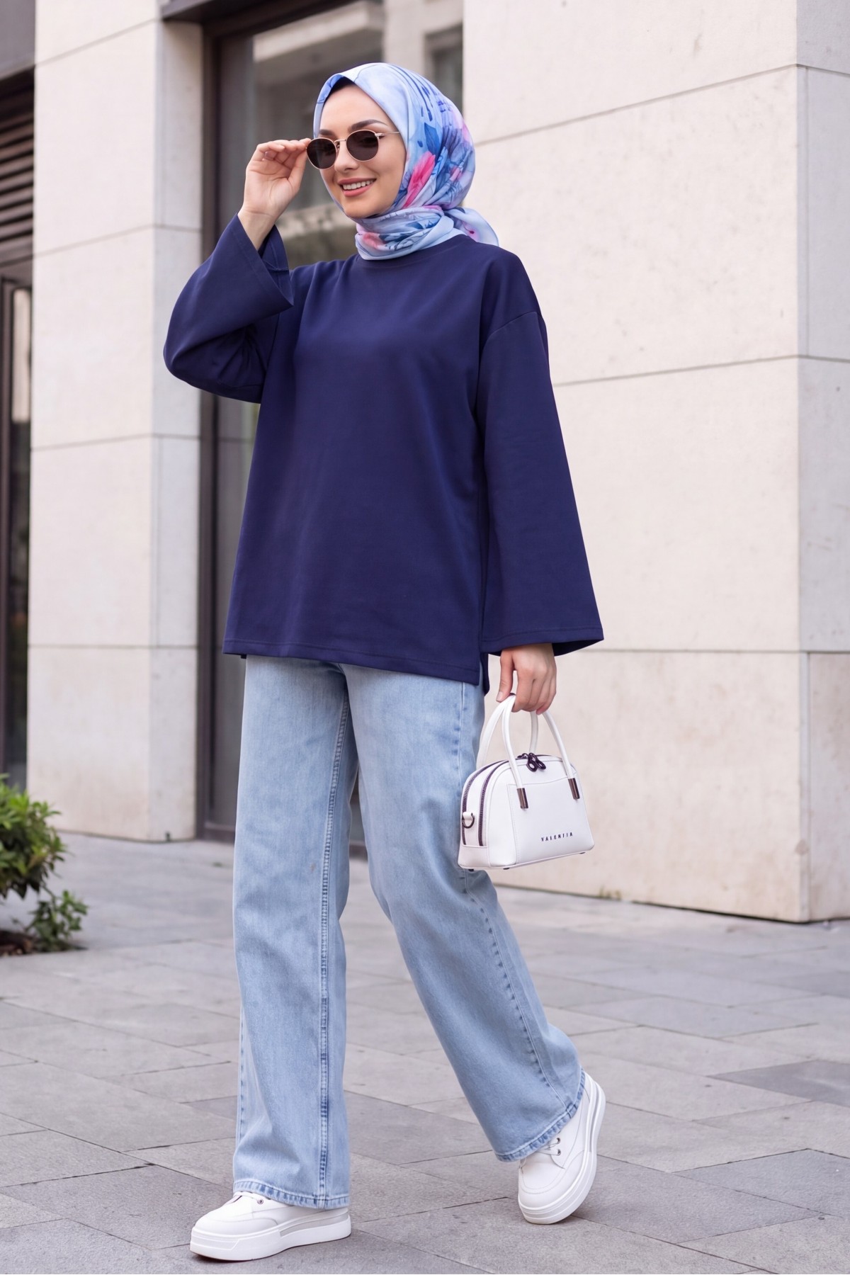 Oversized Stretch Crew-Neck Sweatshirt -Navy blue