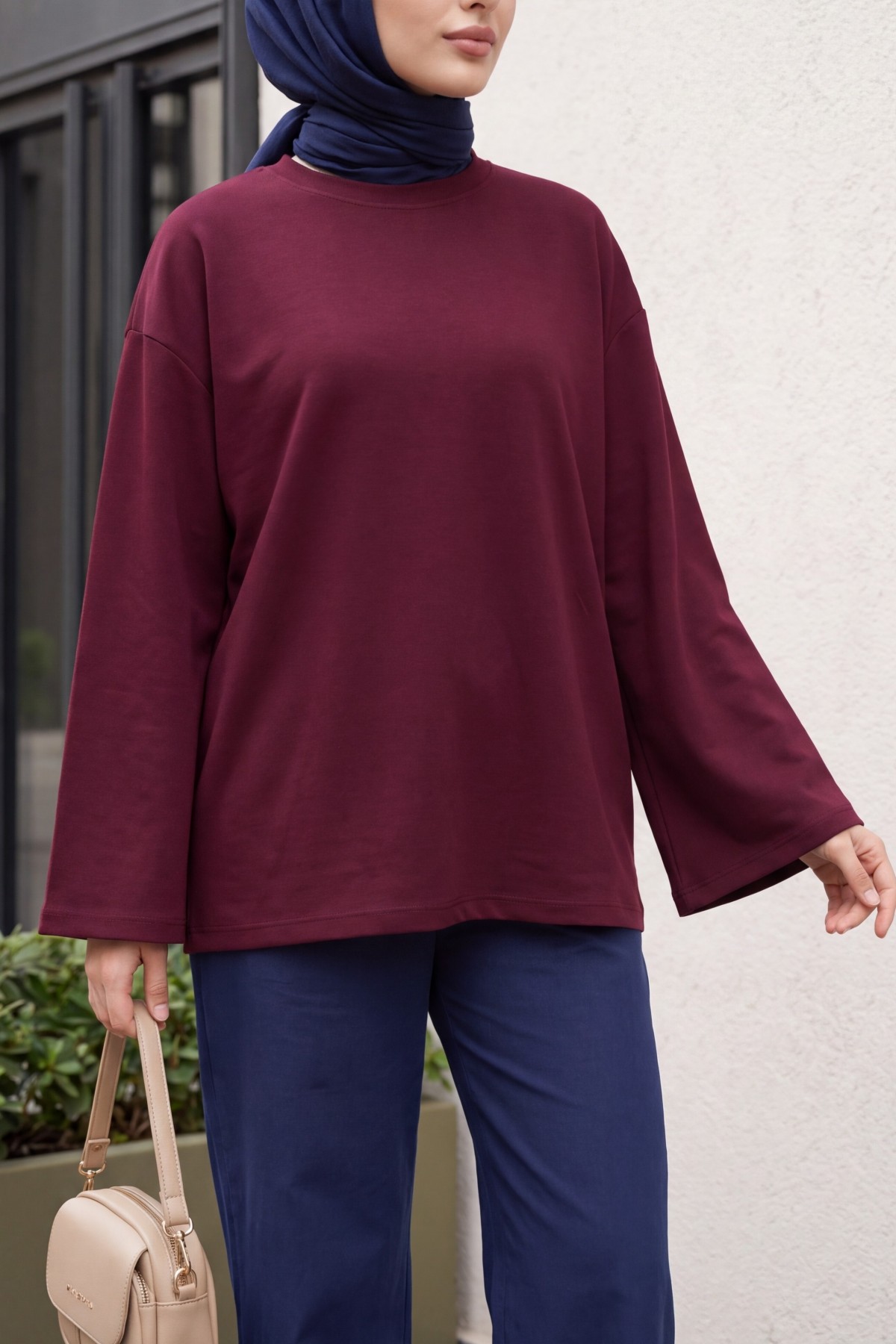 Oversized Stretch Crew-Neck Sweatshirt -Damson