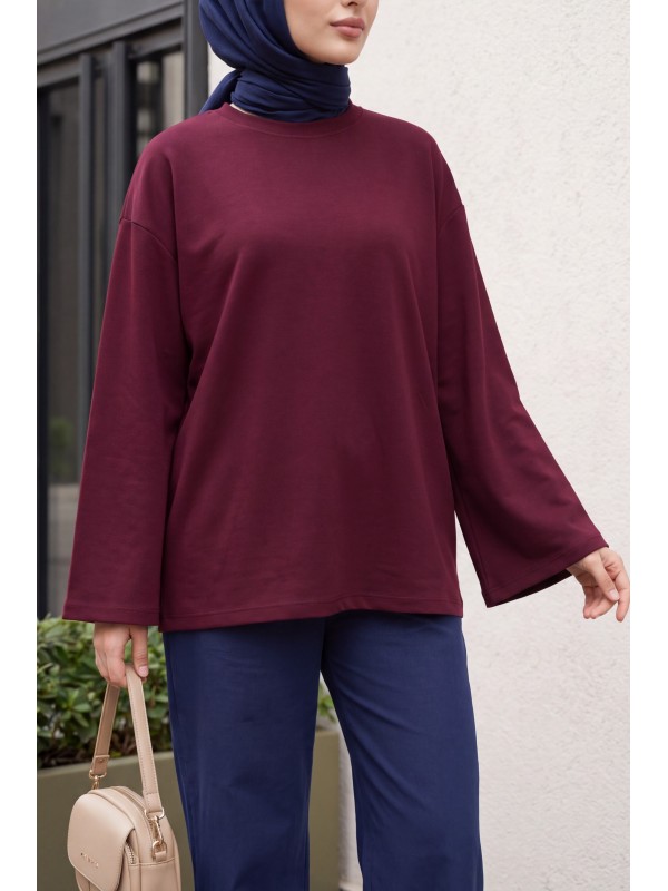 Oversized Stretch Crew-Neck Sweatshirt -Damson