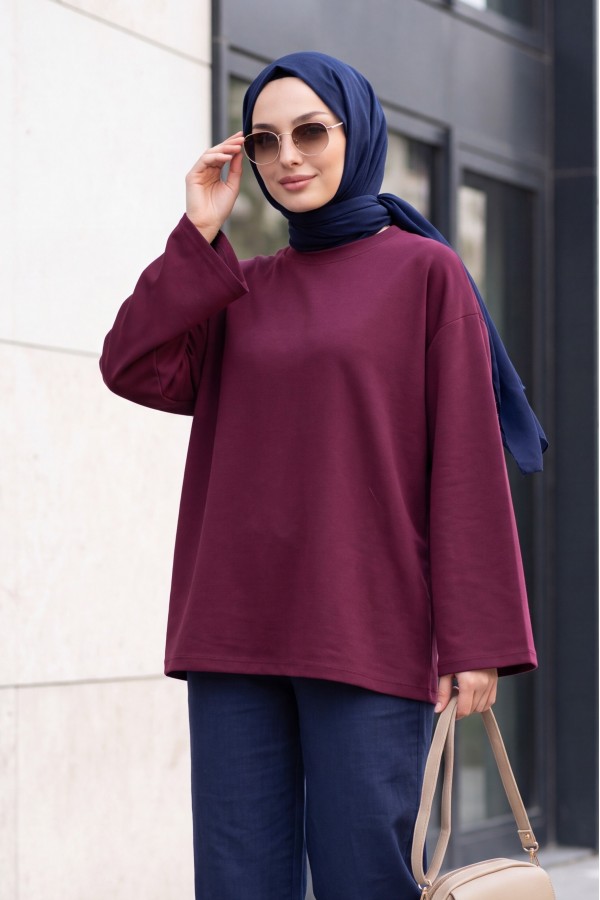 Oversized Stretch Crew-Neck Sweatshirt -Damson