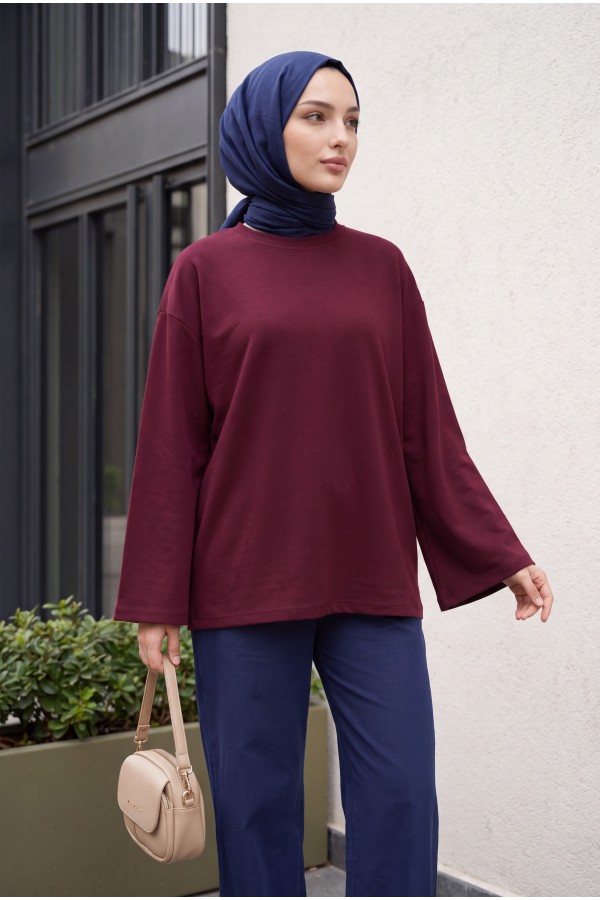 Oversized Stretch Crew-Neck Sweatshirt -Damson