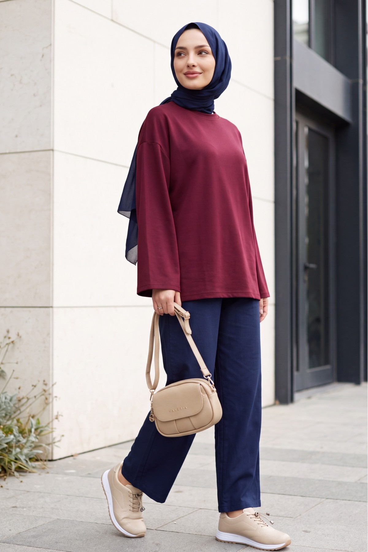 Oversized Stretch Crew-Neck Sweatshirt -Damson