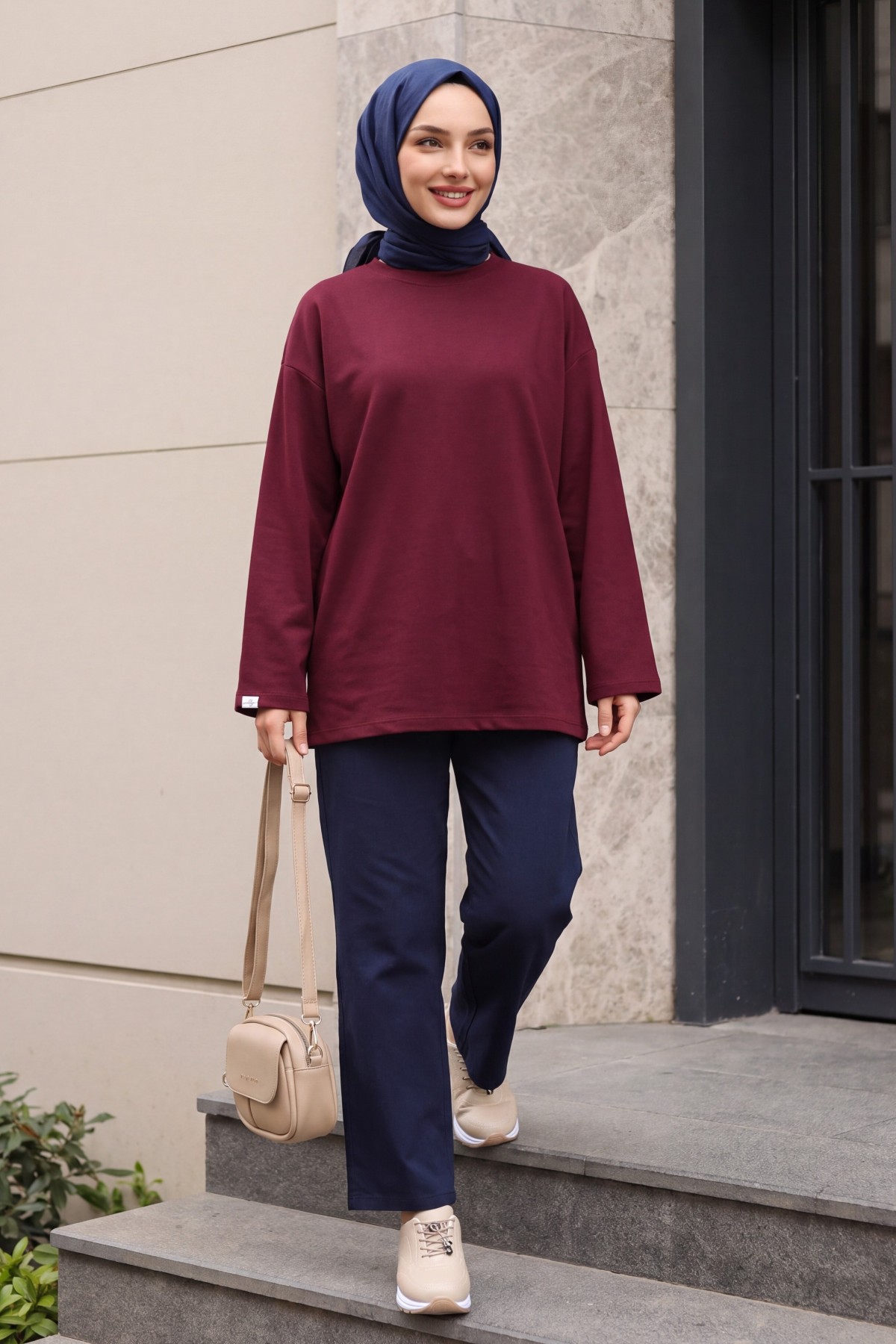 Oversized Stretch Crew-Neck Sweatshirt -Damson