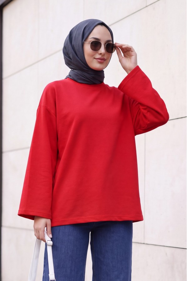 Oversized Stretch Crew-Neck Sweatshirt -Red