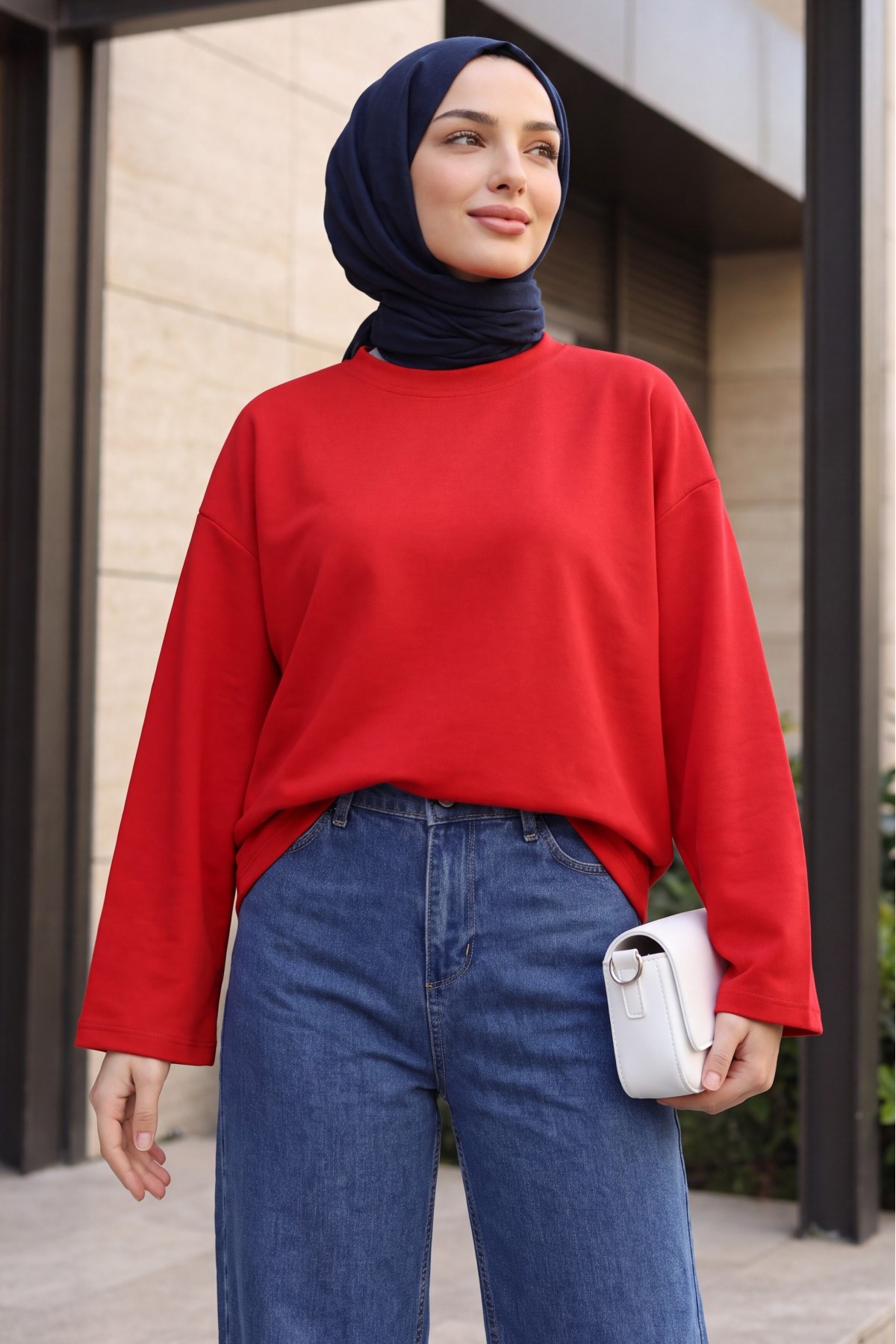 Oversized Stretch Crew-Neck Sweatshirt -Red