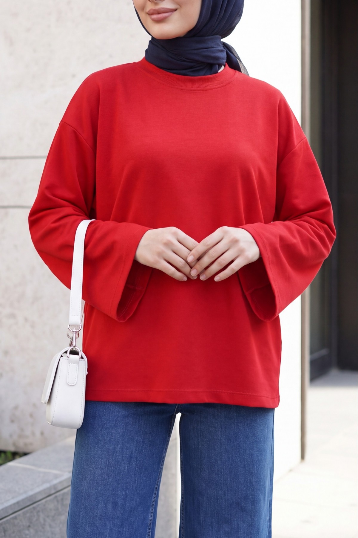 Oversized Stretch Crew-Neck Sweatshirt -Red