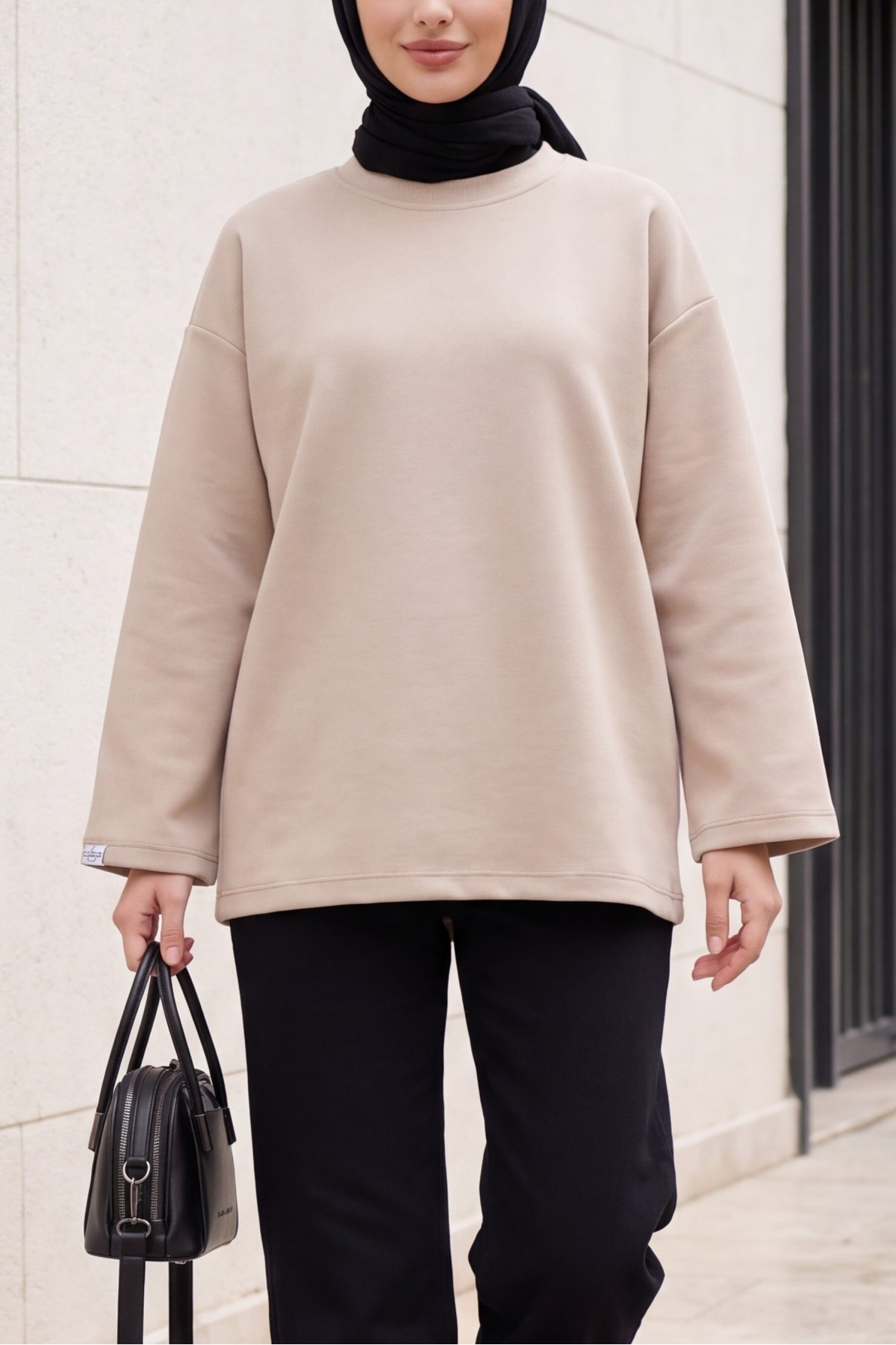 Oversized Stretch Crew-Neck Sweatshirt -Stone