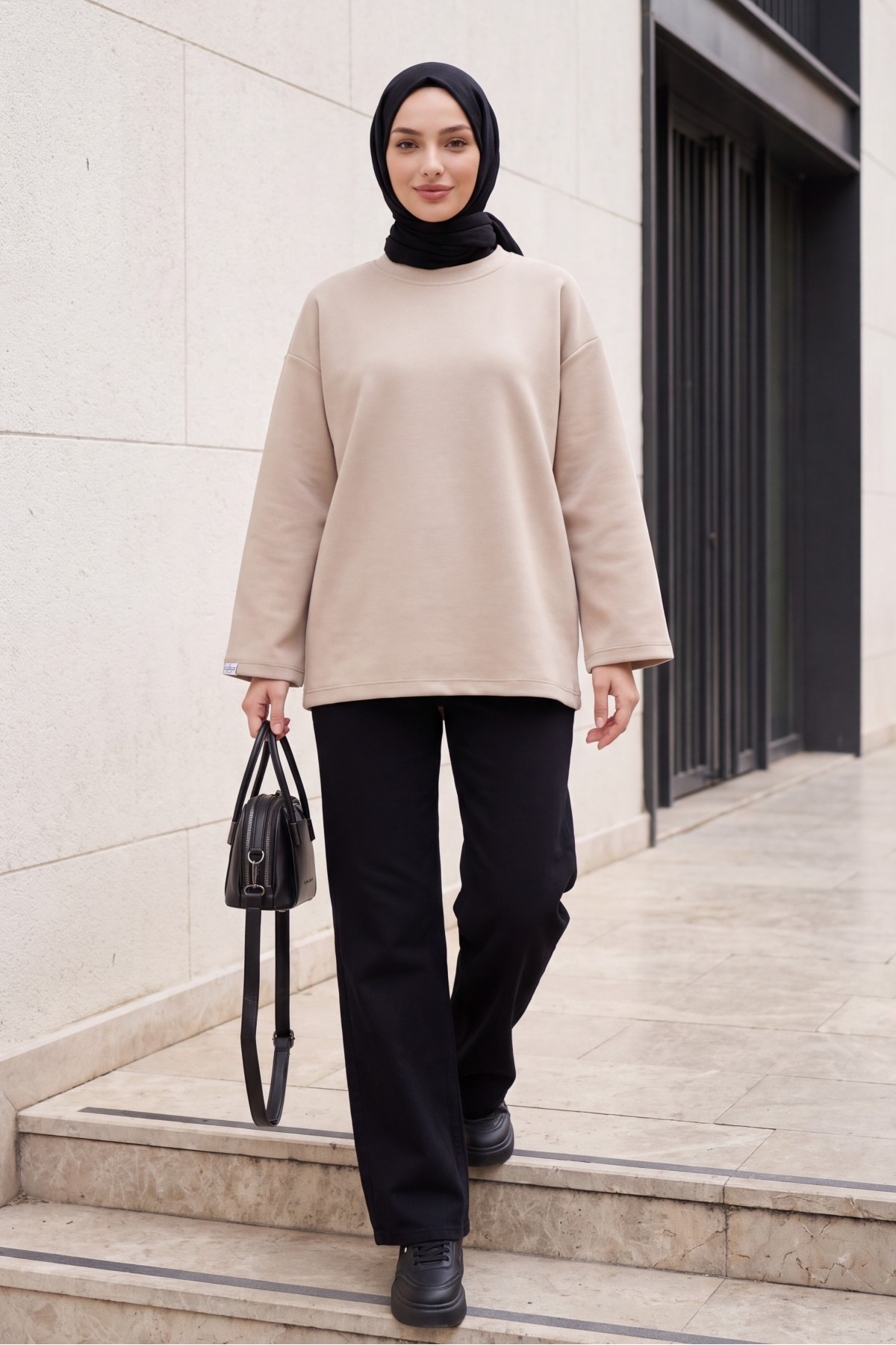 Oversized Stretch Crew-Neck Sweatshirt -Stone
