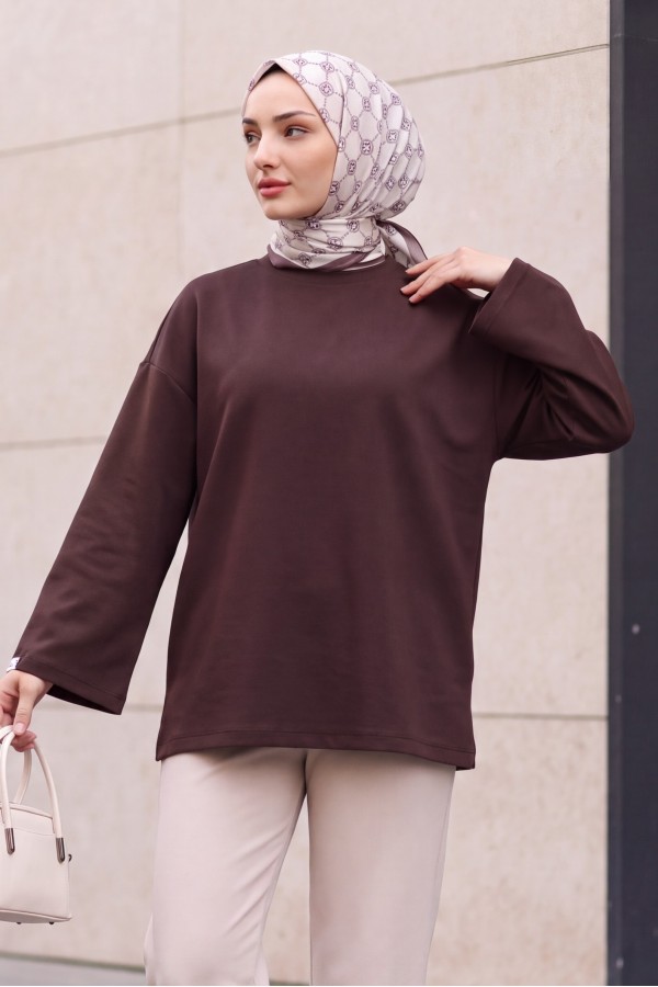 Oversized Stretch Crew-Neck Sweatshirt -Dark Coffee