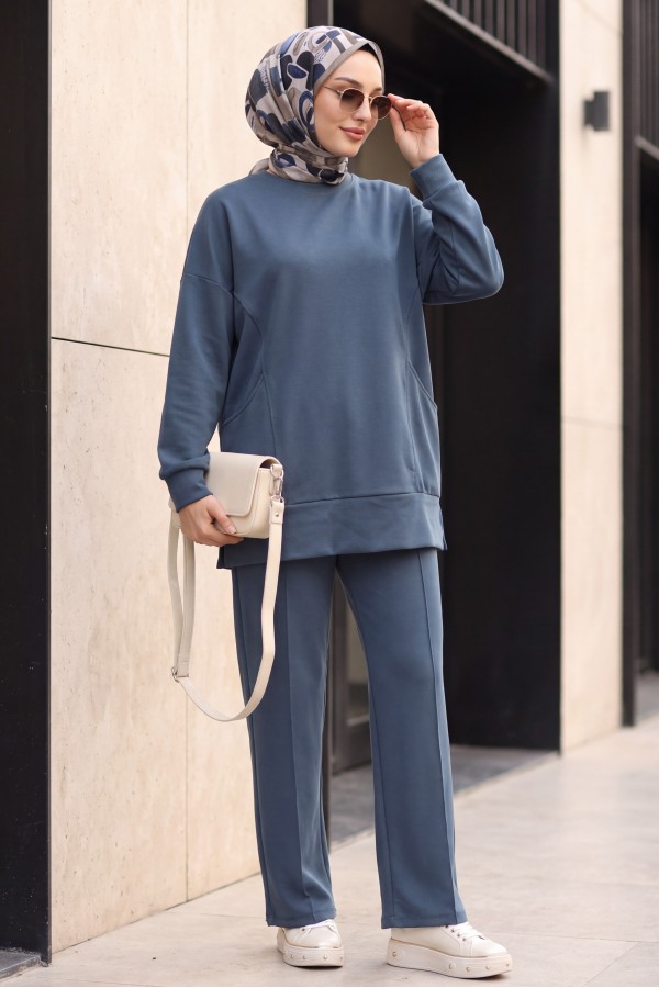 Oysho Set with Double-Pocket Topstitched Trousers -Smoked 