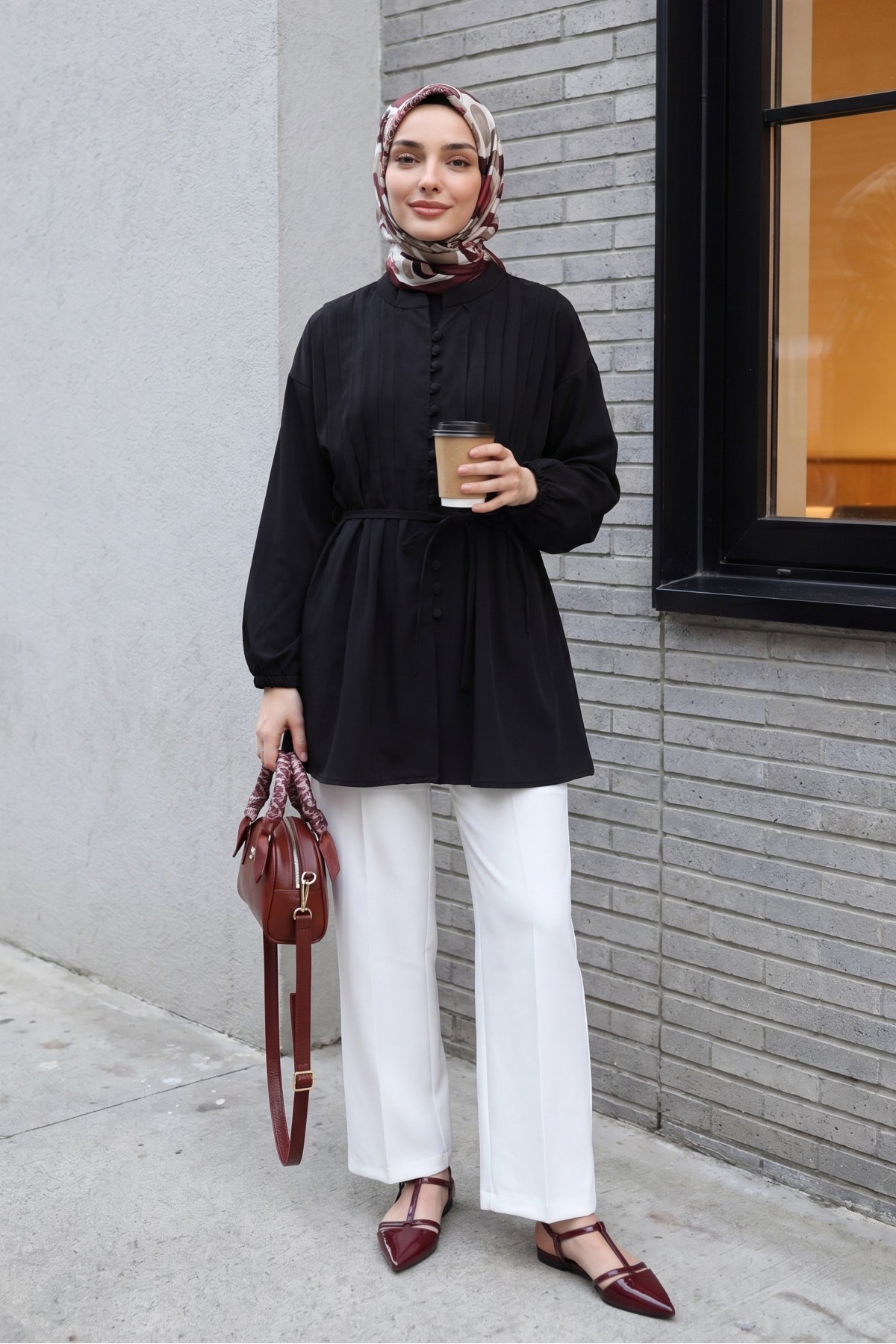 Poplin Shirt with Belted, Elasticated Cuffs, Button Front, and Fold Detail -Black