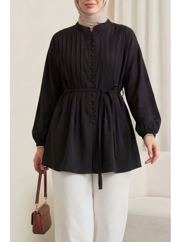 Kemerli Kolu Lastikli Önü Düğmeli Katlama Detaylı Poplin Gömlek -Siyah