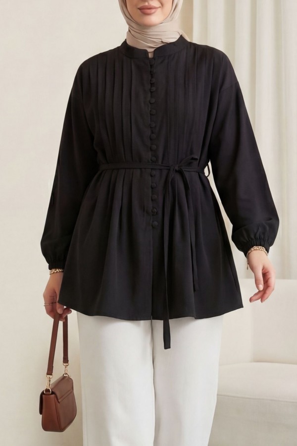 Kemerli Kolu Lastikli Önü Düğmeli Katlama Detaylı Poplin Gömlek -Siyah