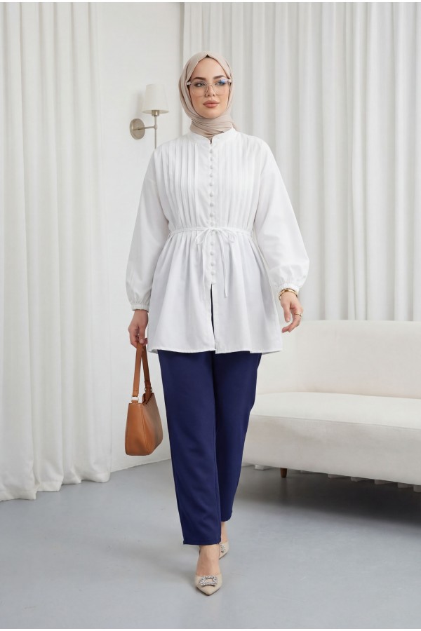 Kemerli Kolu Lastikli Önü Düğmeli Katlama Detaylı Poplin Gömlek -Beyaz
