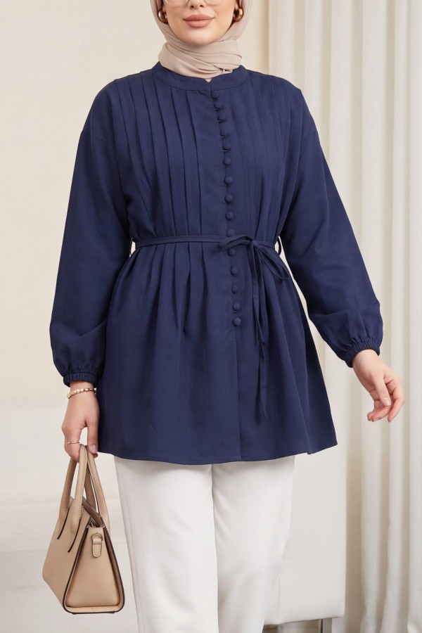 Kemerli Kolu Lastikli Önü Düğmeli Katlama Detaylı Poplin Gömlek -Laci