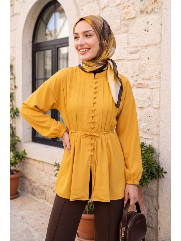 Poplin Shirt with Belted, Elasticated Cuffs, Button Front, and Fold Detail   -Mustard