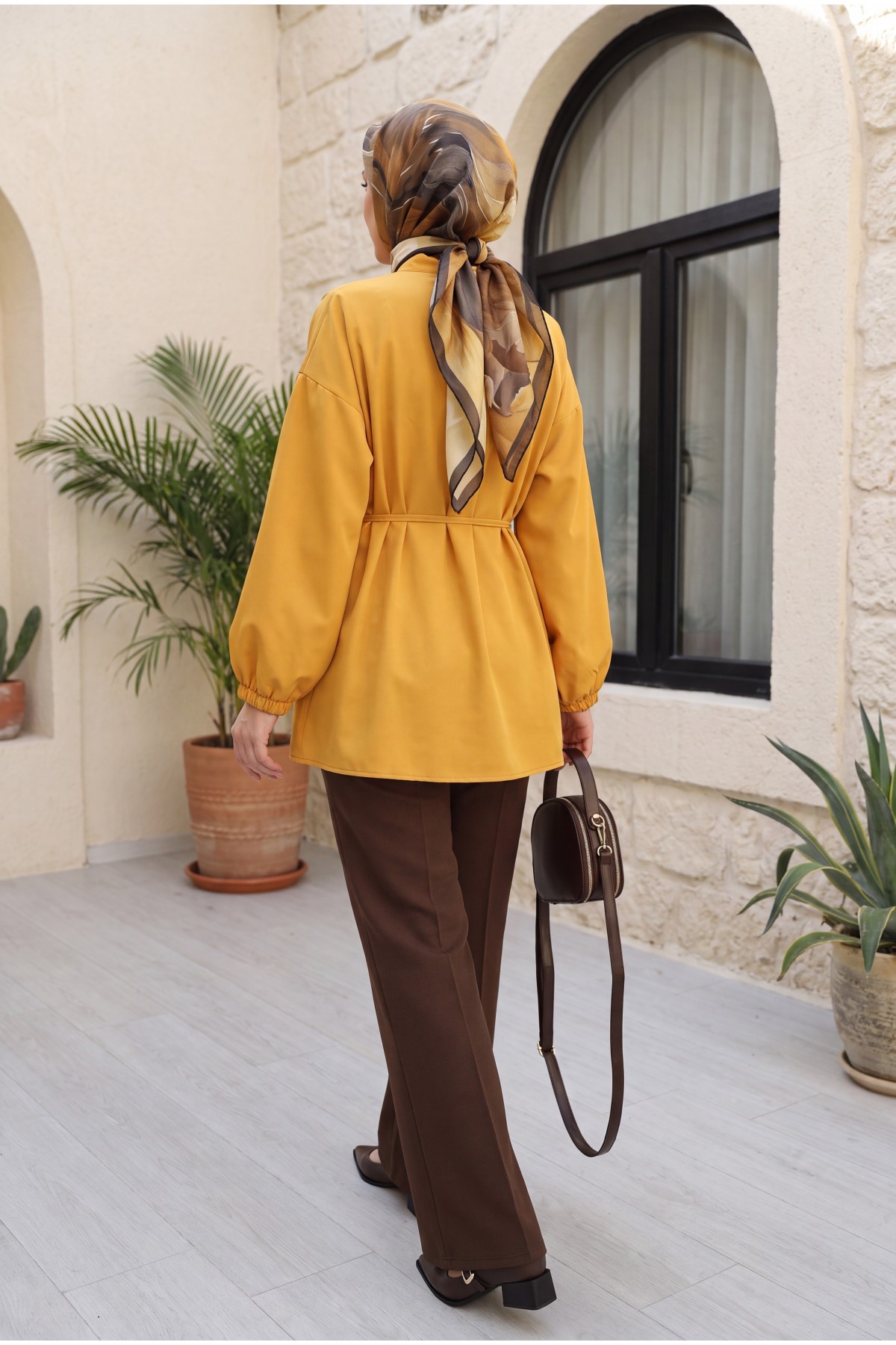 Poplin Shirt with Belted, Elasticated Cuffs, Button Front, and Fold Detail   -Mustard