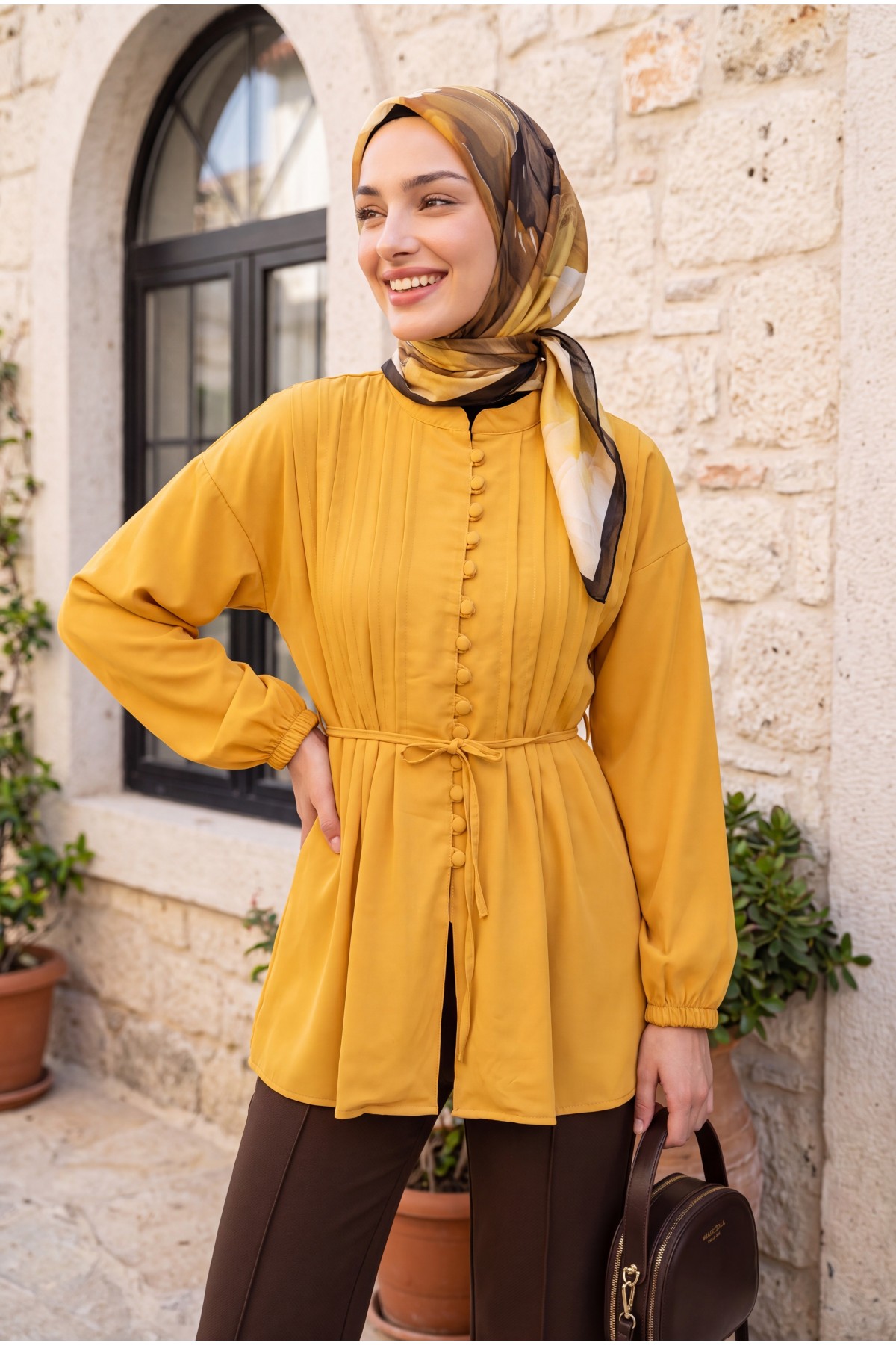 Poplin Shirt with Belted, Elasticated Cuffs, Button Front, and Fold Detail   -Mustard