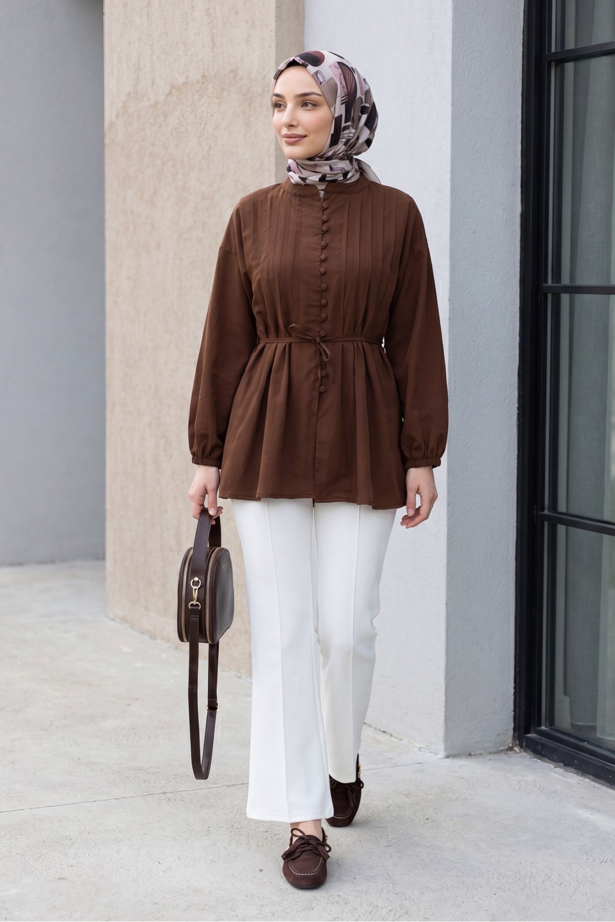 Poplin Shirt with Belted, Elasticated Cuffs, Button Front, and Fold Detail  -Brown