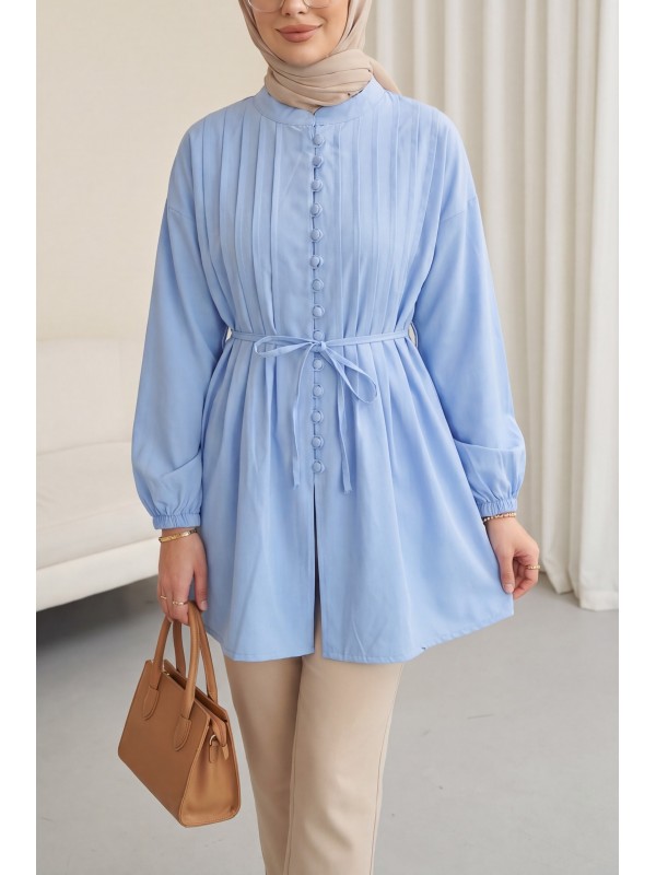 Kemerli Kolu Lastikli Önü Düğmeli Katlama Detaylı Poplin Gömlek -Mavi