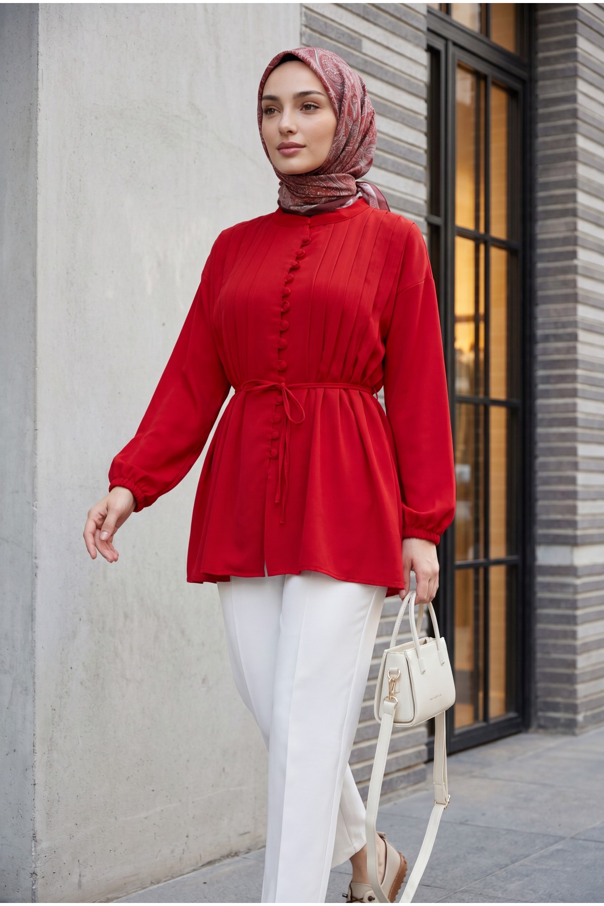 Poplin Shirt with Belted, Elasticated Cuffs, Button Front, and Fold Detail  -Red