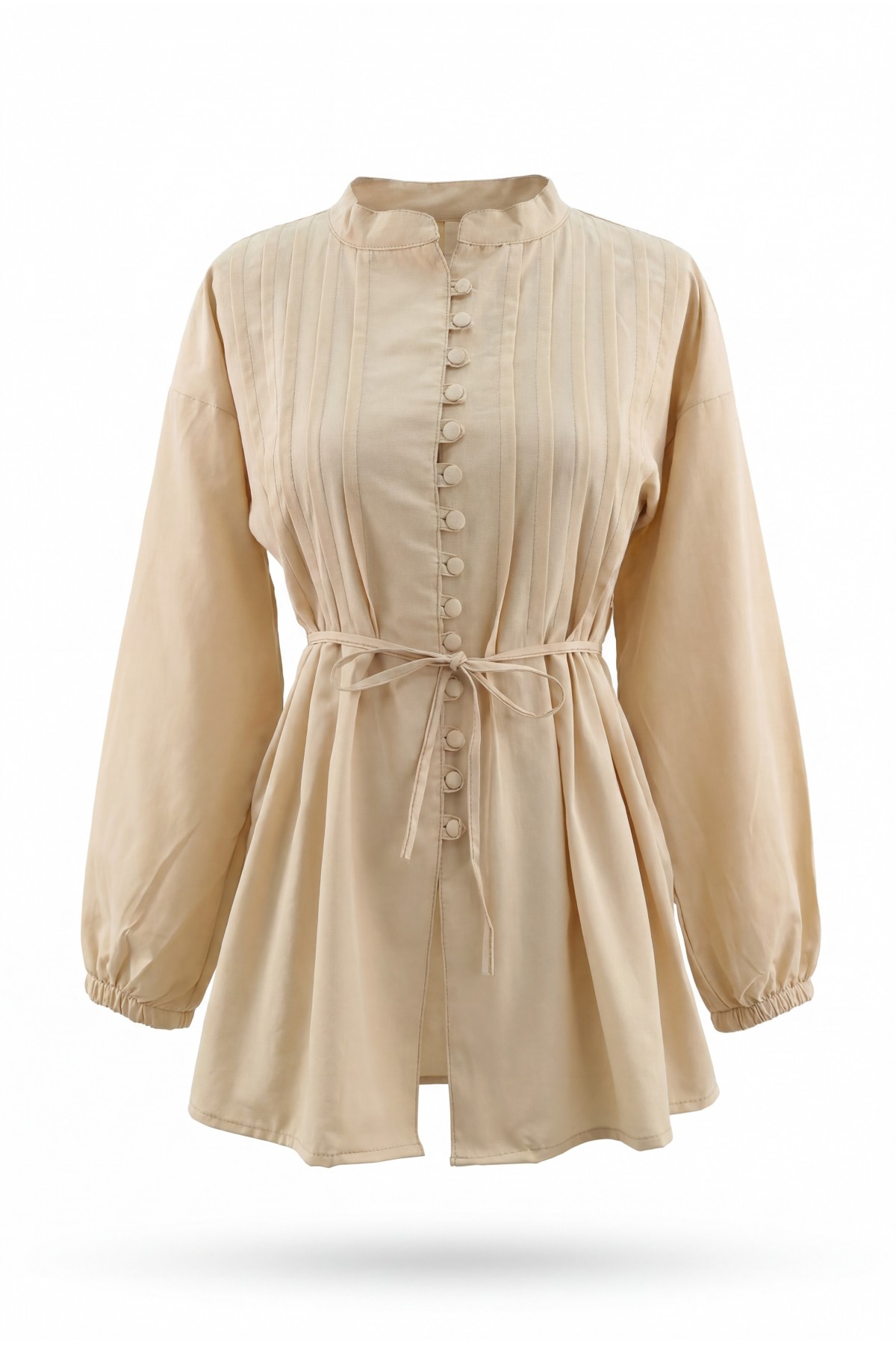 Poplin Shirt with Belted, Elasticated Cuffs, Button Front, and Fold Detail  - Beige