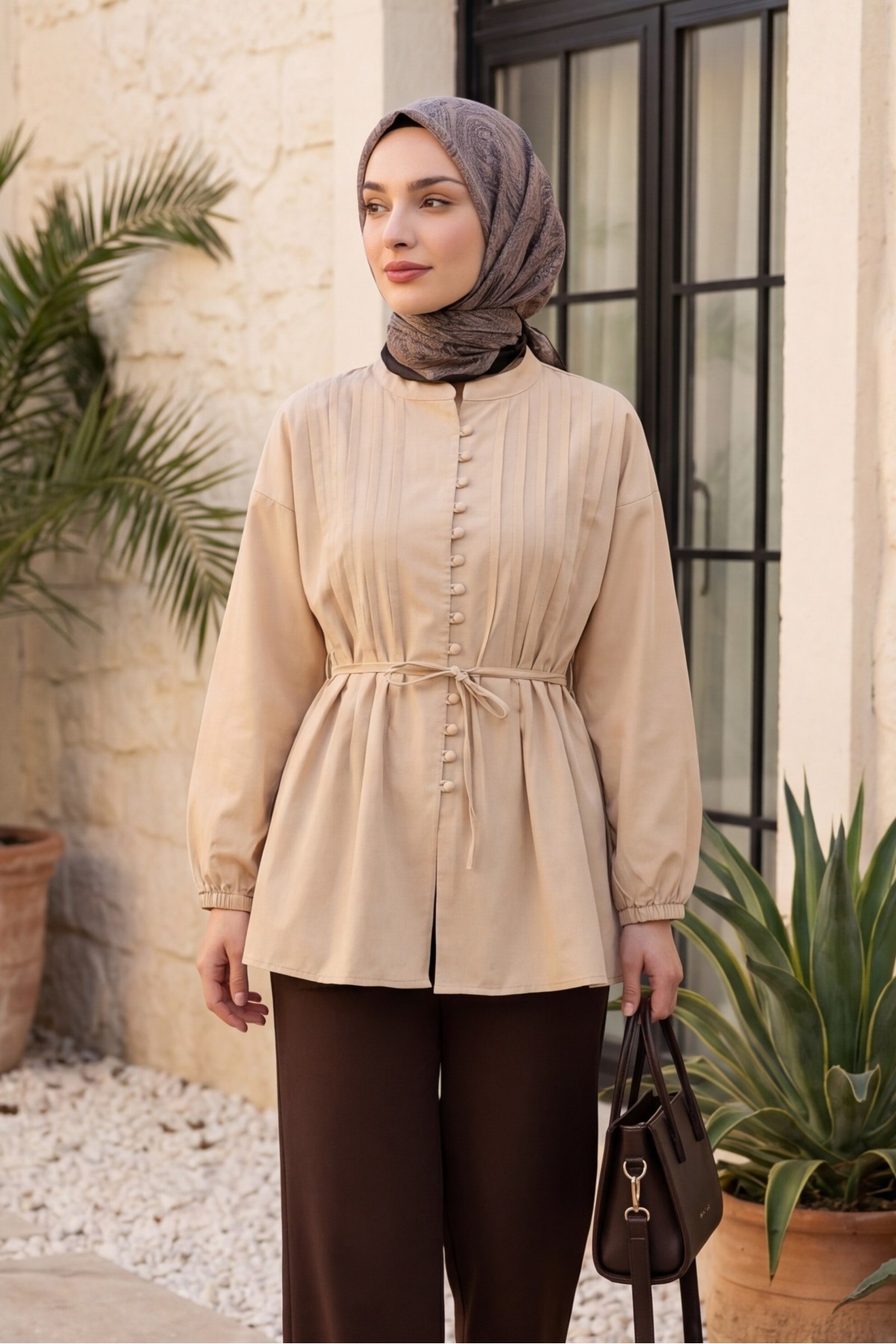 Poplin Shirt with Belted, Elasticated Cuffs, Button Front, and Fold Detail  - Beige