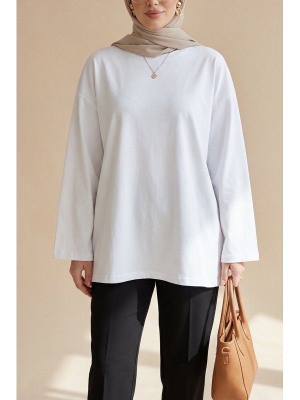 Round Neck Loose Fit Cotton Tunic -White