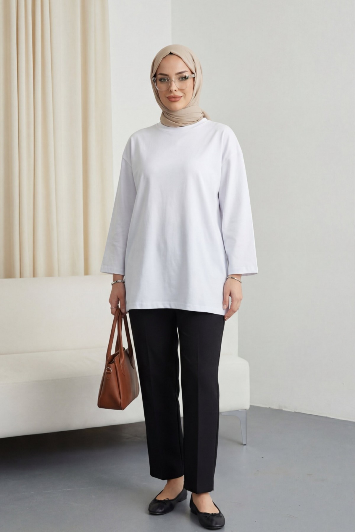 Round Neck Loose Fit Cotton Tunic -White