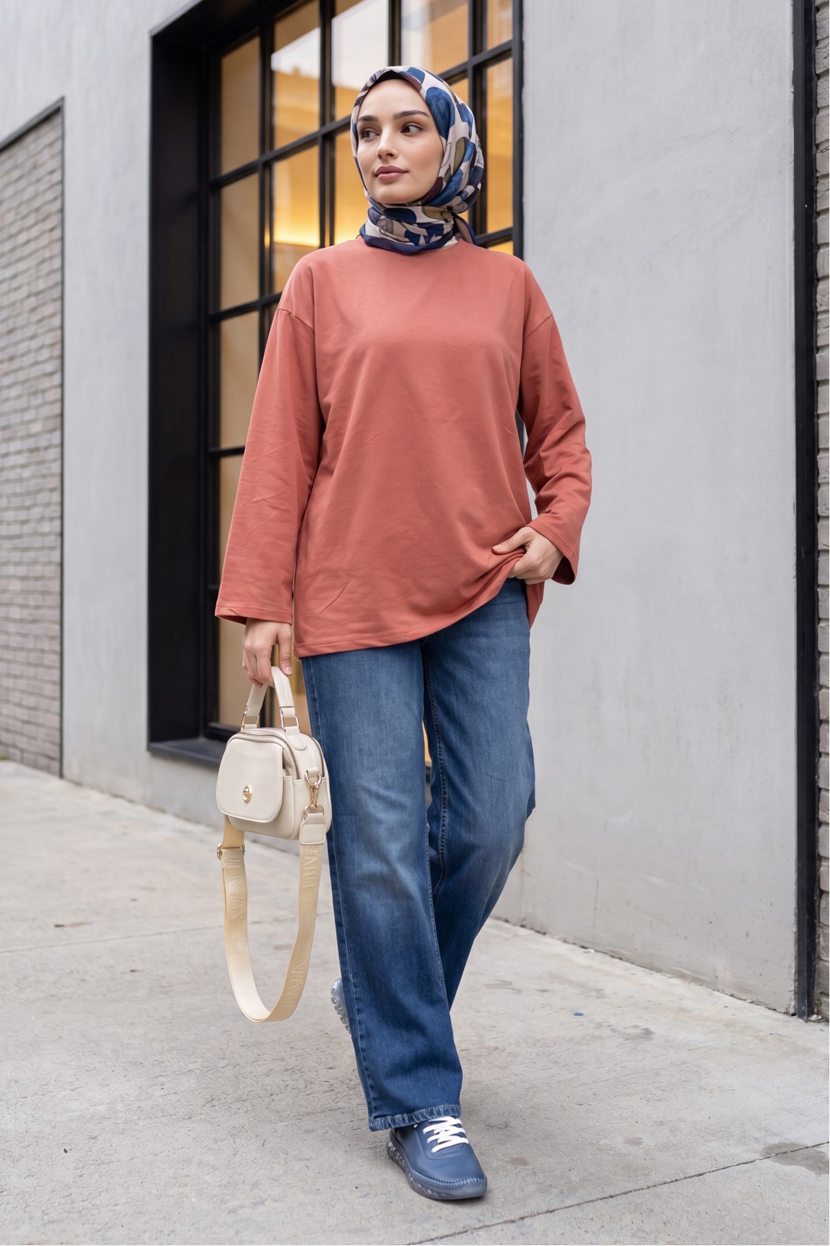 Round Neck Loose Fit Cotton Tunic   -Dried rose