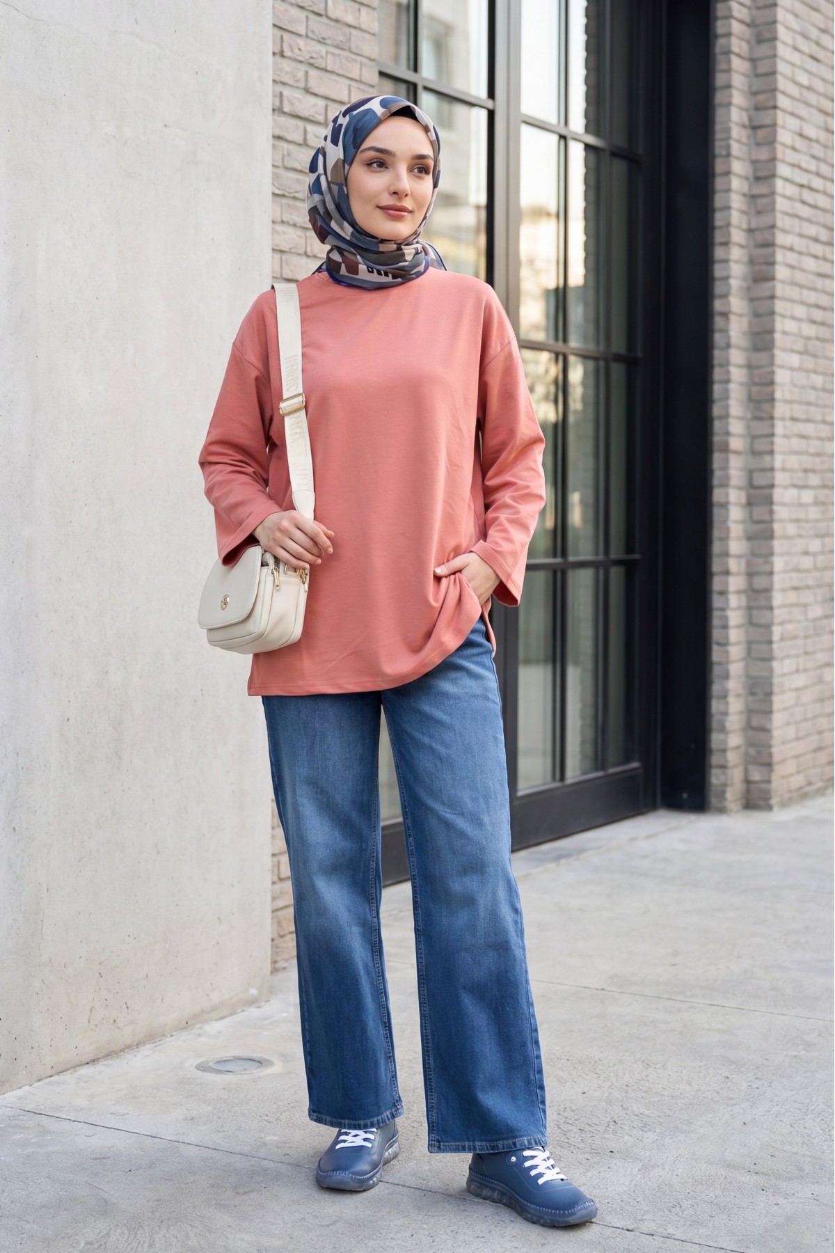 Round Neck Loose Fit Cotton Tunic   -Dried rose