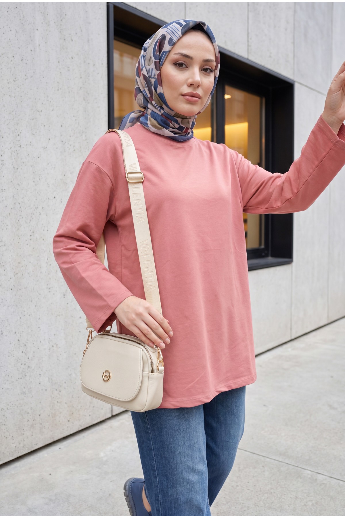 Round Neck Loose Fit Cotton Tunic   -Dried rose