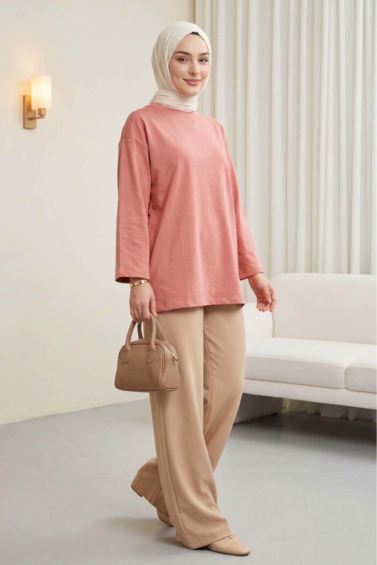 Round Neck Loose Fit Cotton Tunic   -Dried rose
