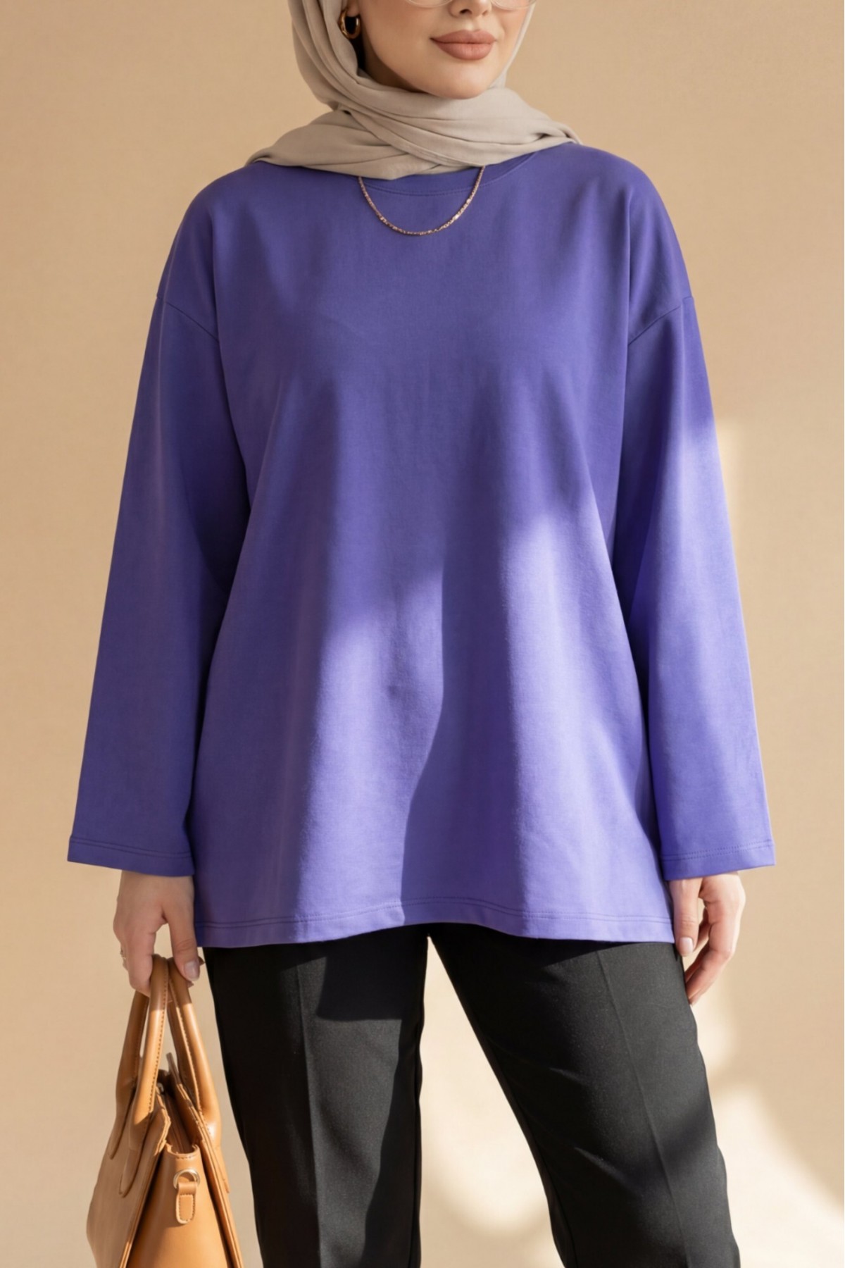 Round Neck Loose Fit Cotton Tunic - Purple