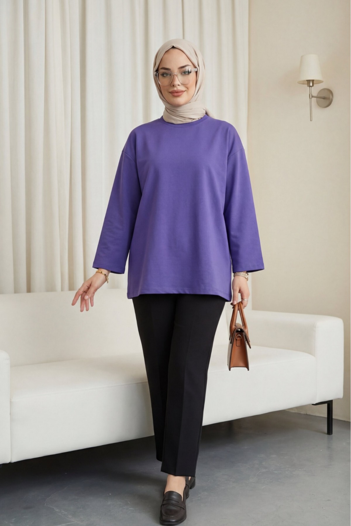 Round Neck Loose Fit Cotton Tunic - Purple