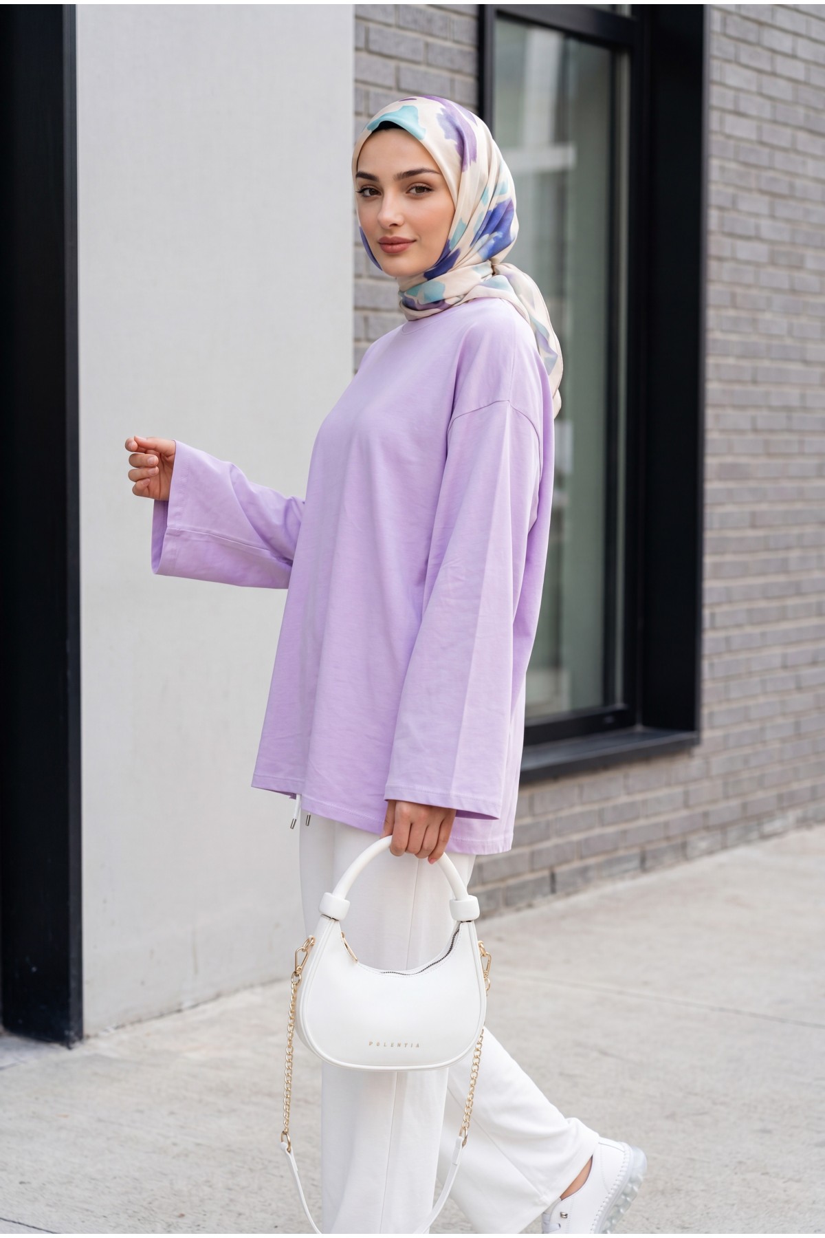 Round Neck Loose Fit Cotton Tunic    -Light Lilac