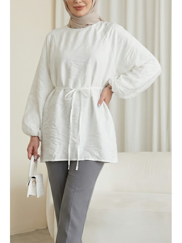 Balloon Sleeve Lined Zippered Lace-up Cupra Tunic -White