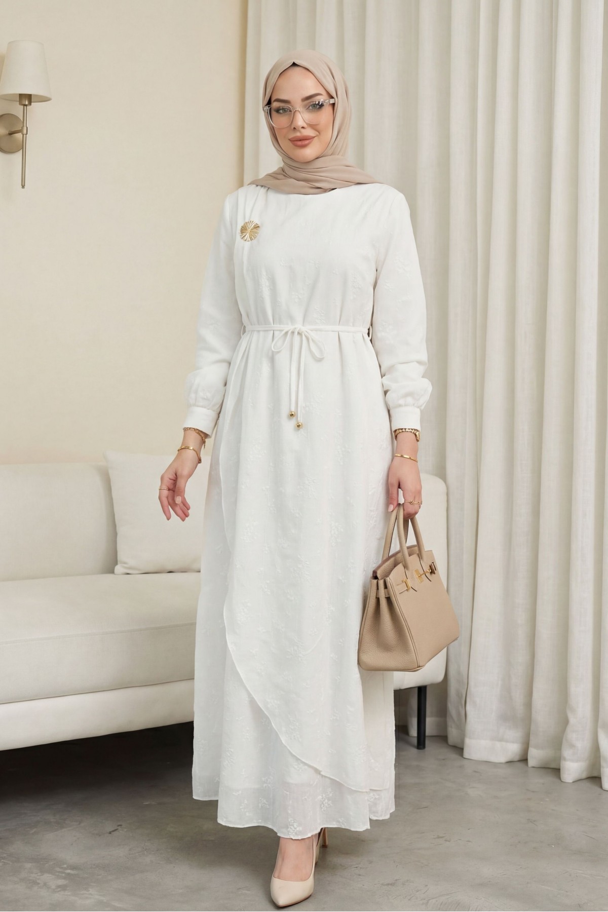 Önü Çift Kat Belden Bağlamalı Broşlu Astarlı Keten Elbise -Beyaz