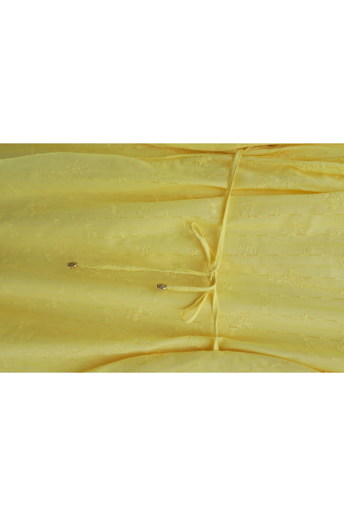 Önü Çift Kat Belden Bağlamalı Broşlu Astarlı Keten Elbise -Sarı