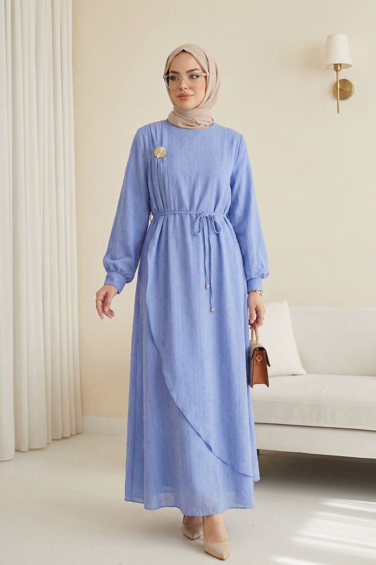 Önü Çift Kat Belden Bağlamalı Broşlu Astarlı Keten Elbise -Mavi