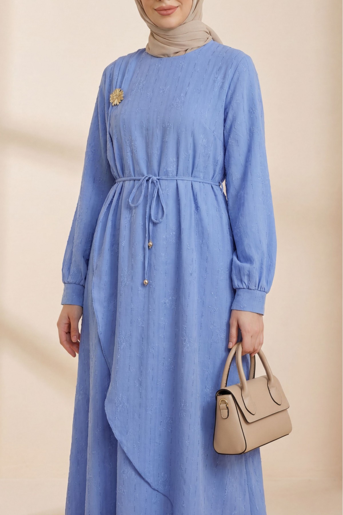 Önü Çift Kat Belden Bağlamalı Broşlu Astarlı Keten Elbise -Mavi