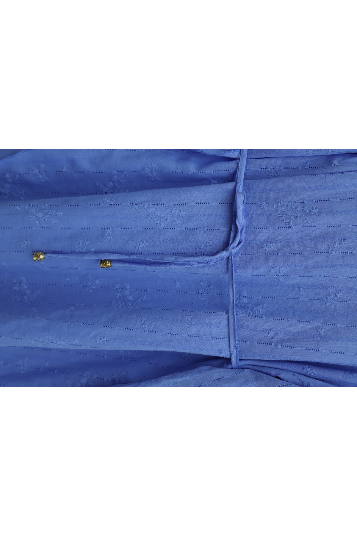 Önü Çift Kat Belden Bağlamalı Broşlu Astarlı Keten Elbise -Mavi