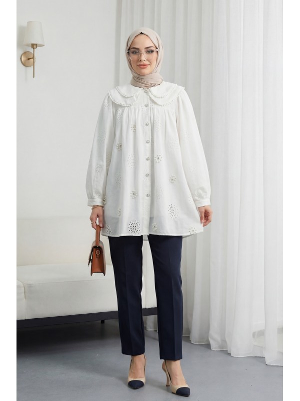 Bebe Yaka Dantelli İnci Ve Taş Detaylı Astarlı Keten Gömlek -Beyaz