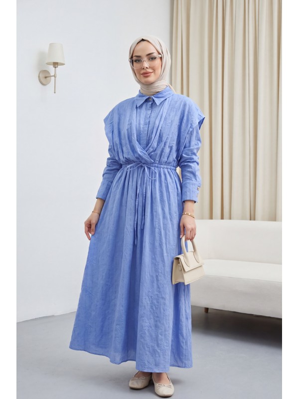 Half-buttoned, elasticated waist with drawstring detail, lined linen dress. -Blue