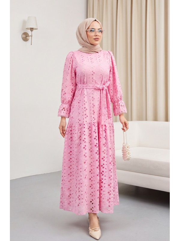Crew Neck, Ruffled, Elasticated Sleeves, Lined Long Linen Dress -Pink
