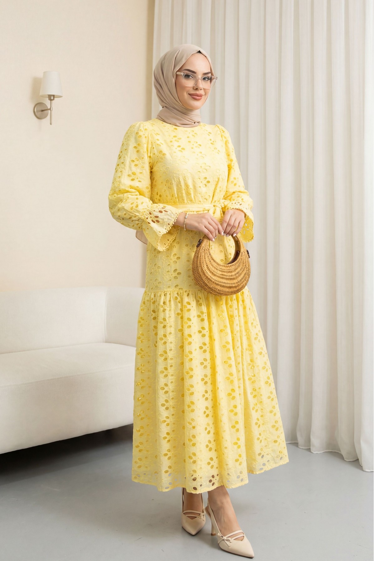 Crew Neck, Ruffled, Elasticated Sleeves, Lined Long Linen Dress -Yellow